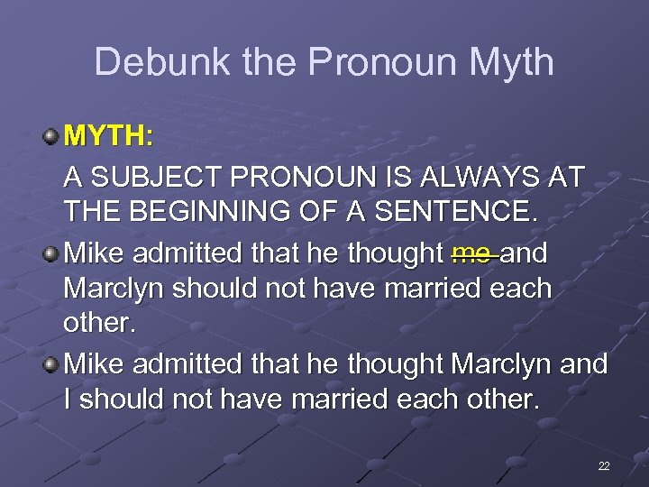 Debunk the Pronoun Myth MYTH: A SUBJECT PRONOUN IS ALWAYS AT THE BEGINNING OF