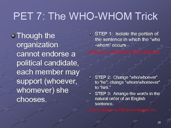 PET 7: The WHO-WHOM Trick Though the organization cannot endorse a political candidate, each