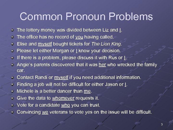Common Pronoun Problems The lottery money was divided between Liz and I. The office