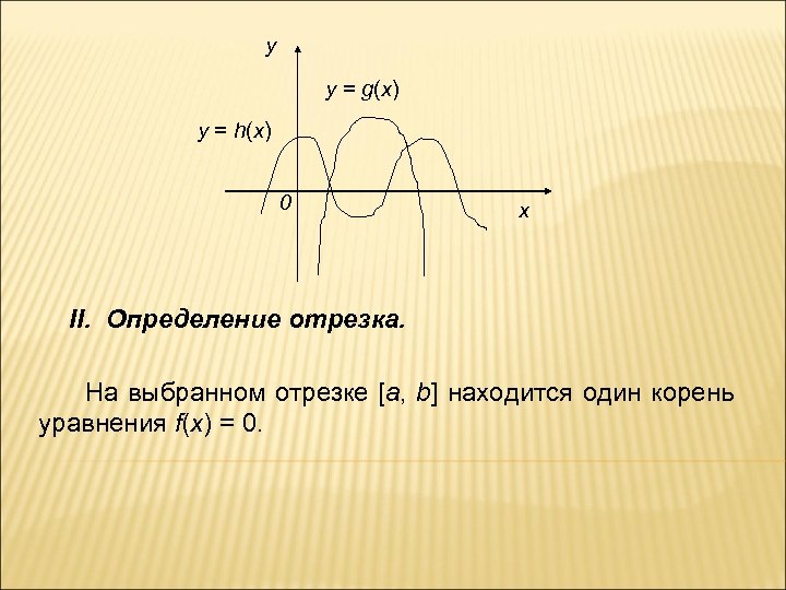 y y = g(x) y = h(x) 0 x II. Определение отрезка. На выбранном