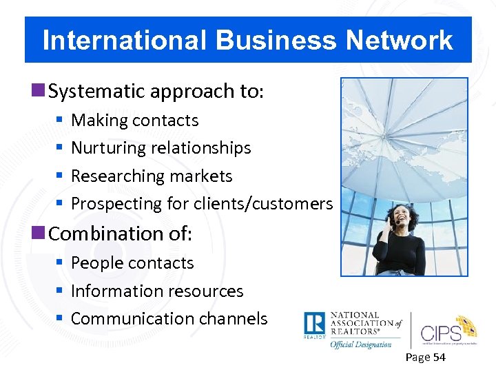International Business Network n Systematic approach to: § § Making contacts Nurturing relationships Researching