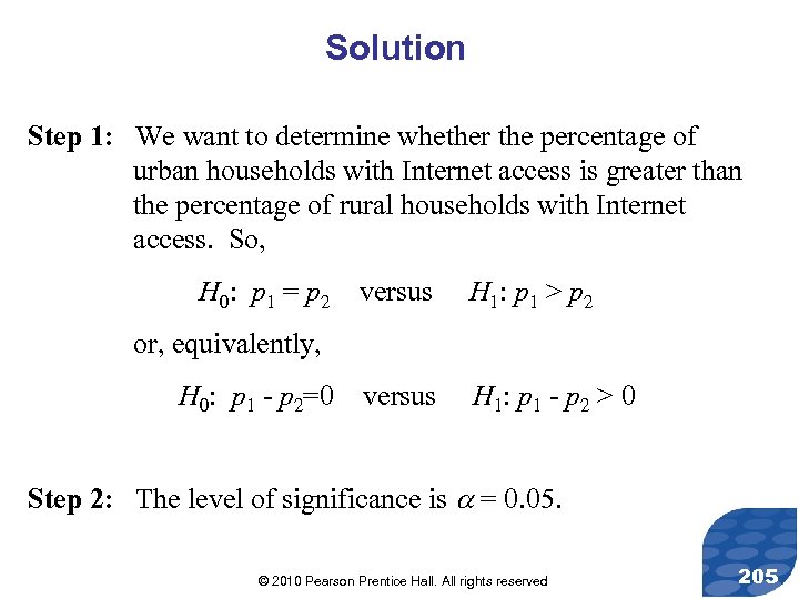 Solution Step 1: We want to determine whether the percentage of urban households with
