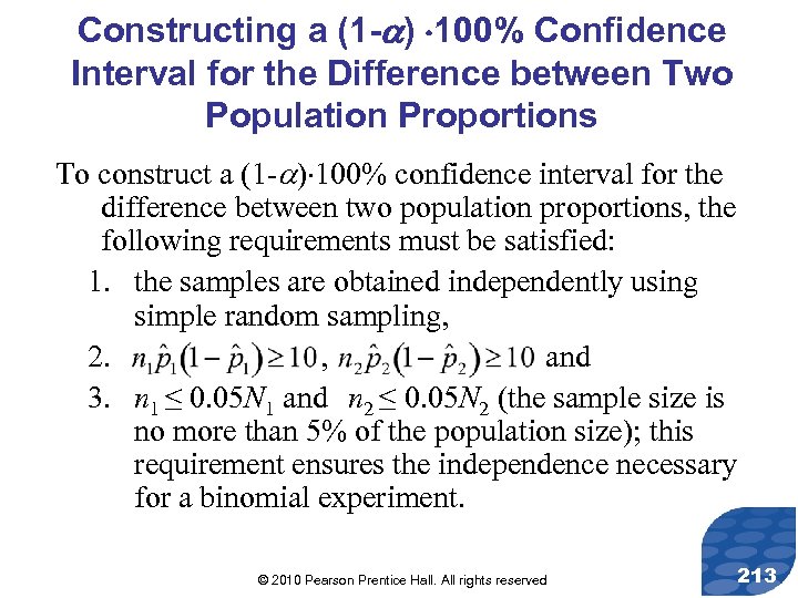 Constructing a (1 - ) 100% Confidence Interval for the Difference between Two Population