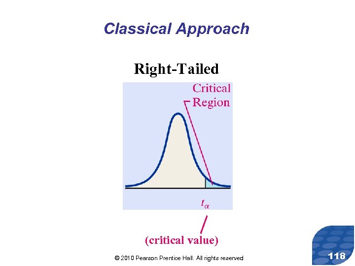 Classical Approach Right-Tailed (critical value) © 2010 Pearson Prentice Hall. All rights reserved 118
