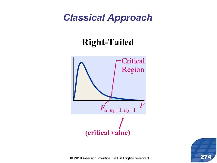 Classical Approach Right-Tailed (critical value) © 2010 Pearson Prentice Hall. All rights reserved 274