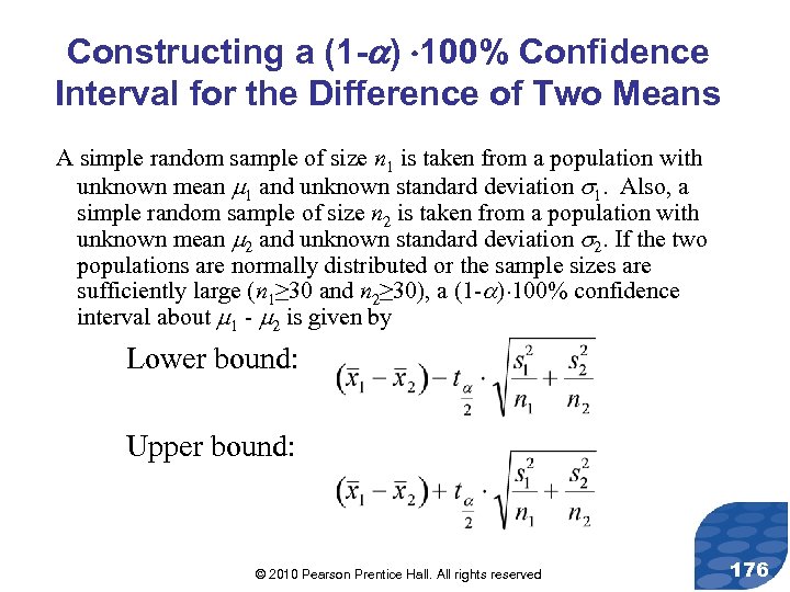 Constructing a (1 - ) 100% Confidence Interval for the Difference of Two Means