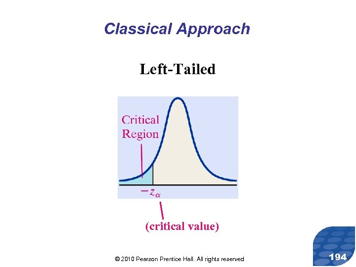 Classical Approach Left-Tailed (critical value) © 2010 Pearson Prentice Hall. All rights reserved 194