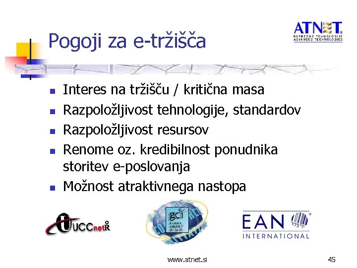 Pogoji za e-tržišča n n n Interes na tržišču / kritična masa Razpoložljivost tehnologije,
