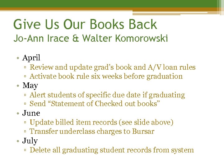 Give Us Our Books Back Jo-Ann Irace & Walter Komorowski • April ▫ Review