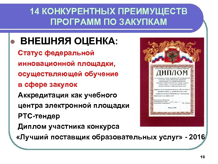 14 КОНКУРЕНТНЫХ ПРЕИМУЩЕСТВ ПРОГРАММ ПО ЗАКУПКАМ l ВНЕШНЯЯ ОЦЕНКА: Статус федеральной инновационной площадки, осуществляющей