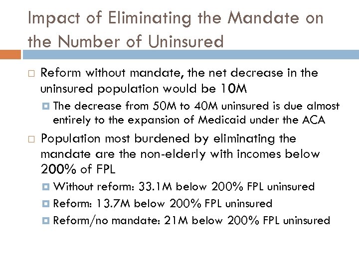 Impact of Eliminating the Mandate on the Number of Uninsured Reform without mandate, the