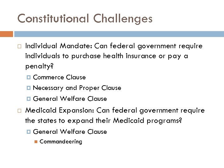 Constitutional Challenges Individual Mandate: Can federal government require individuals to purchase health insurance or