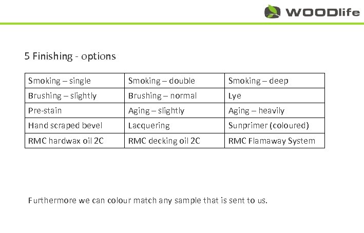 5 Finishing - options Smoking – single Smoking – double Smoking – deep Brushing