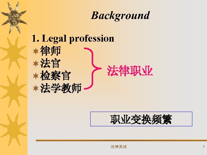 Background 1. Legal profession ¬律师 ¬法官 法律职业 ¬检察官 ¬法学教师 职业变换频繁 法律英语 5 