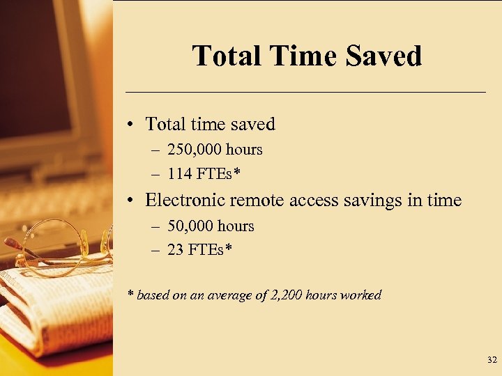 Total Time Saved • Total time saved – 250, 000 hours – 114 FTEs*