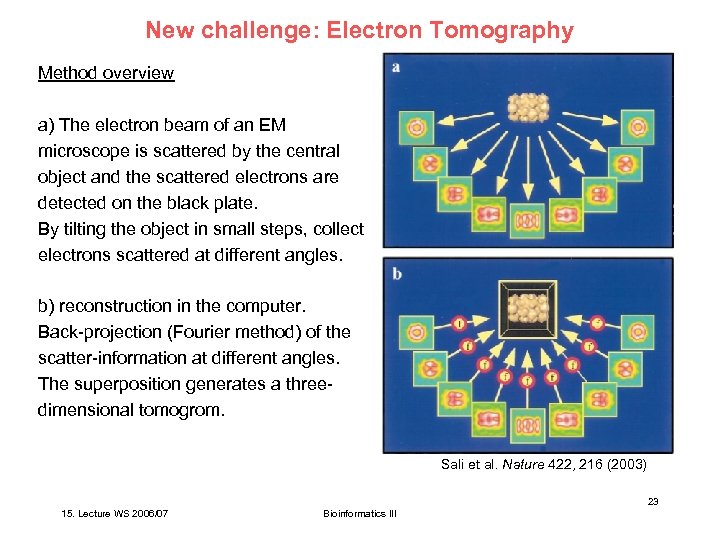 New challenge: Electron Tomography Method overview a) The electron beam of an EM microscope