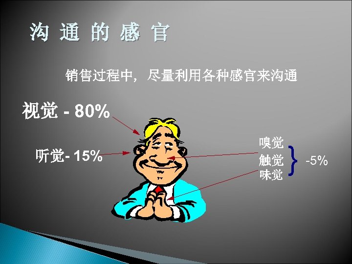 沟 通 的 感 官 销售过程中, 尽量利用各种感官来沟通 视觉 - 80% 听觉- 15% 嗅觉 触觉