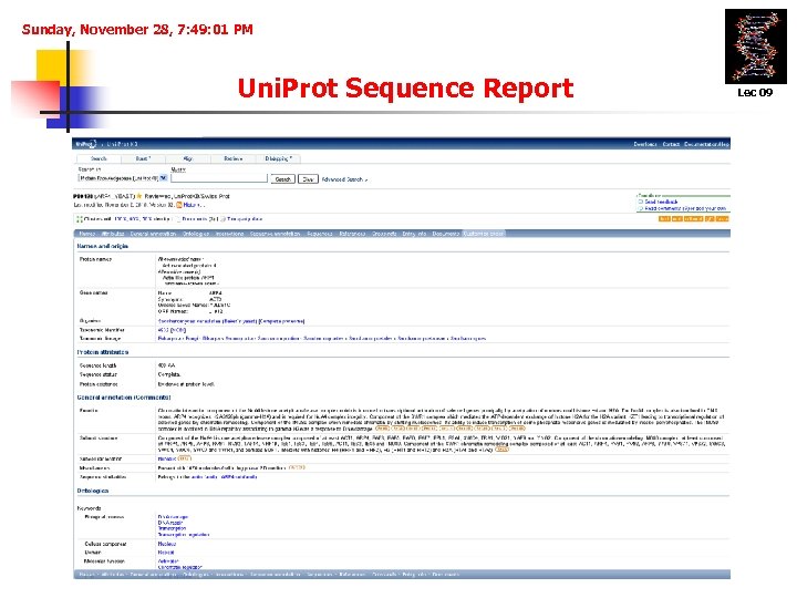 Sunday, November 28, 7: 49: 01 PM Uni. Prot Sequence Report Lec 09 
