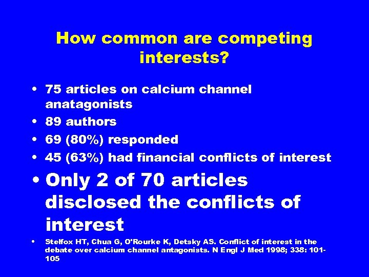 How common are competing interests? • 75 articles on calcium channel anatagonists • 89