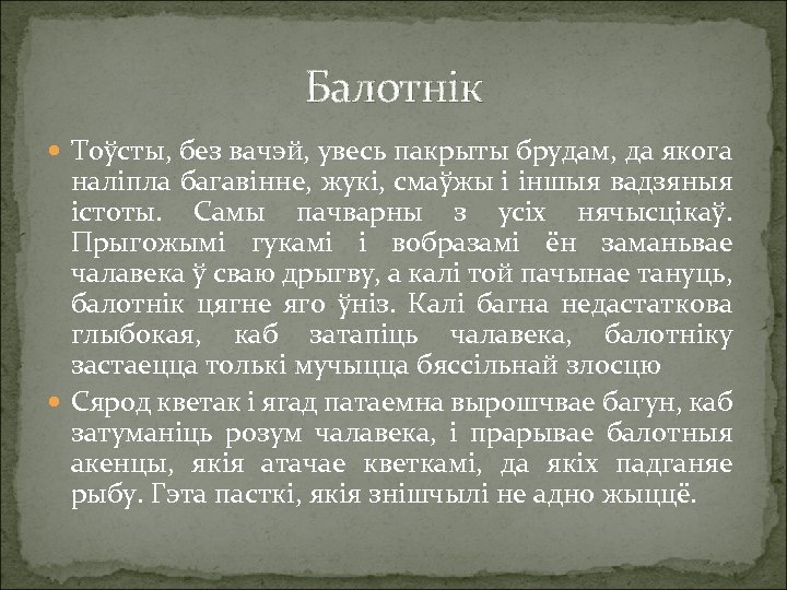 Балотнік Тоўсты, без вачэй, увесь пакрыты брудам, да якога наліпла багавінне, жукі, смаўжы і