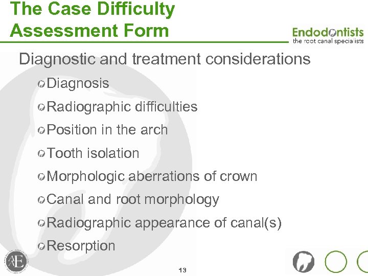 The Case Difficulty Assessment Form Diagnostic and treatment considerations Diagnosis Radiographic difficulties Position in