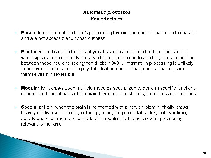 Automatic processes Key principles Parallelism much of the brain's processing involves processes that unfold