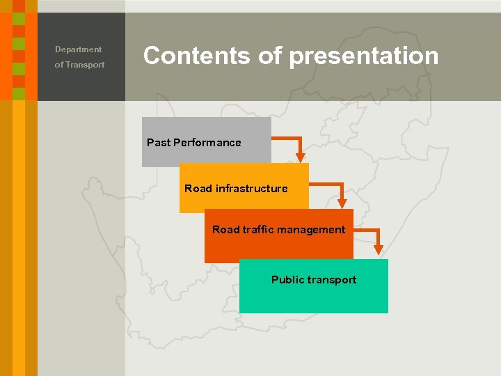 Department of Transport Contents of presentation Past Performance Road infrastructure Road traffic management Public