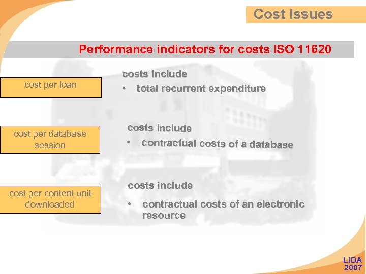 Cost issues Performance indicators for costs ISO 11620 cost per loan cost per database