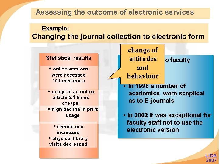 Assessing the outcome of electronic services Example: Changing the journal collection to electronic form