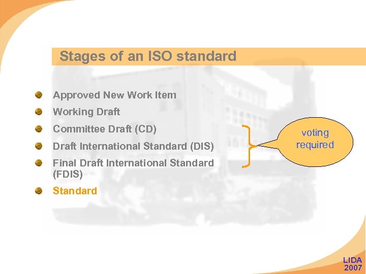 Stages of an ISO standard Approved New Work Item Working Draft Committee Draft (CD)