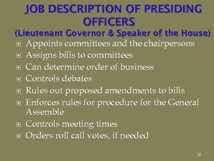 JOB DESCRIPTION OF PRESIDING OFFICERS (Lieutenant Governor & Speaker of the House) Appoints committees