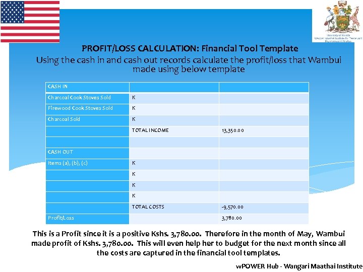  PROFIT/LOSS CALCULATION: Financial Tool Template Using the cash in and cash out records