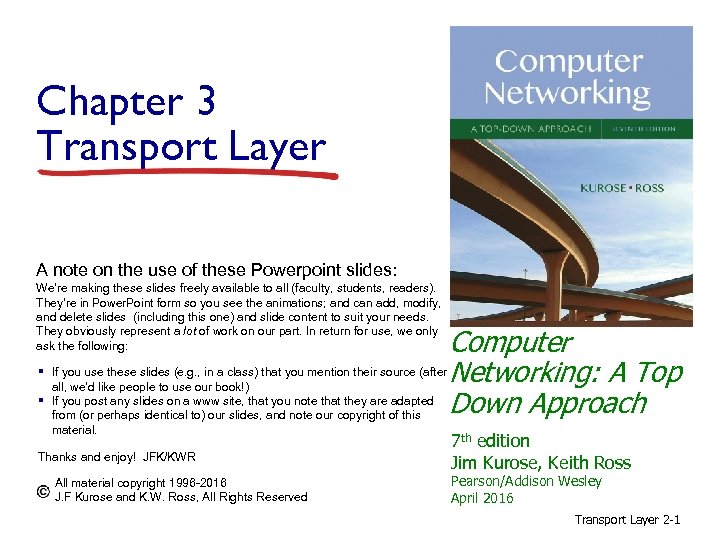 Chapter 3 Transport Layer A note on the use of these Powerpoint slides: We’re