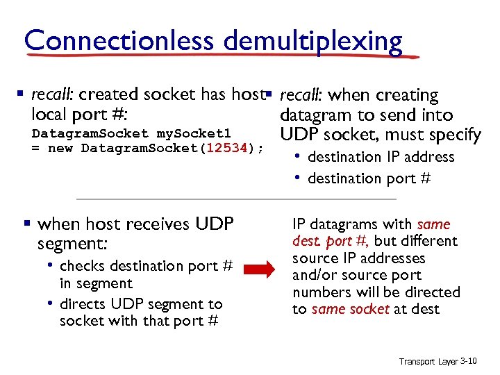 Connectionless demultiplexing § recall: created socket has host- recall: when creating § local port