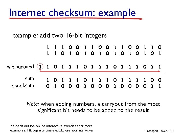 Internet checksum: example: add two 16 -bit integers 1 1 0 0 1 1