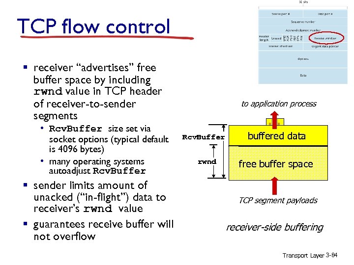 TCP flow control § receiver “advertises” free buffer space by including rwnd value in