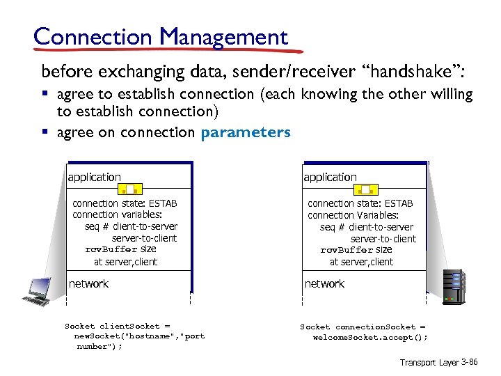 Connection Management before exchanging data, sender/receiver “handshake”: § agree to establish connection (each knowing