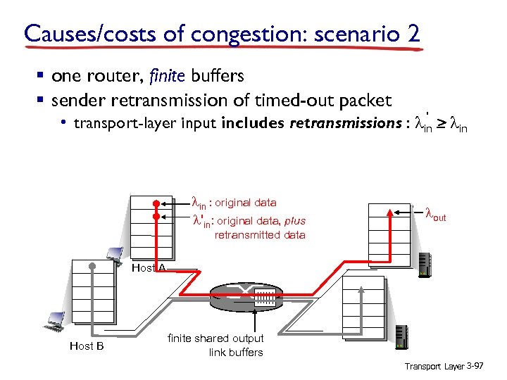 Causes/costs of congestion: scenario 2 § one router, finite buffers § sender retransmission of