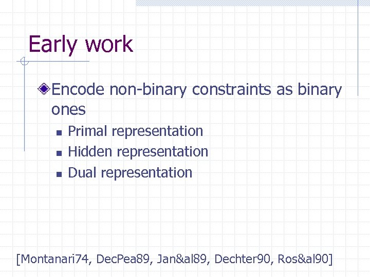 Early work Encode non-binary constraints as binary ones n n n Primal representation Hidden
