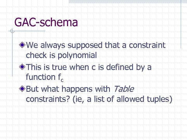 GAC-schema We always supposed that a constraint check is polynomial This is true when