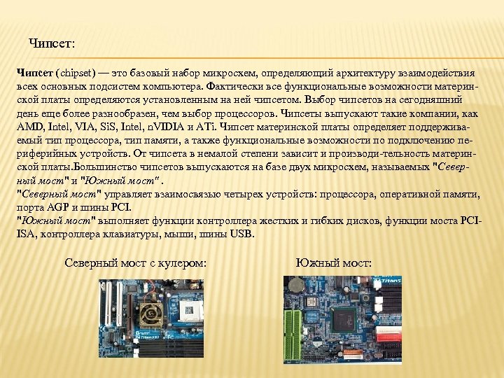 Чипсет: Чипсет (chipset) — это базовый набор микросхем, определяющий архитектуру взаимодействия всех основных подсистем