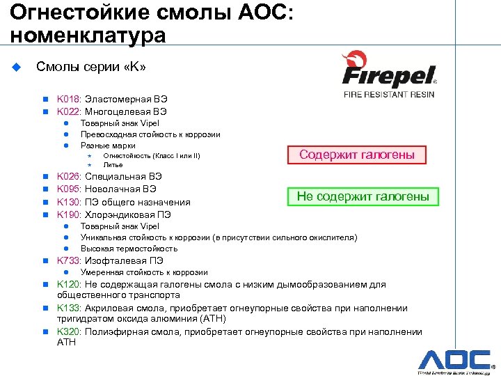 Огнестойкие смолы AOC: номенклатура u Смолы серии «K» n K 018: Эластомерная ВЭ n