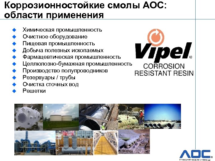 Коррозионностойкие смолы AOC: области применения u u u u u Химическая промышленность Очистное оборудование