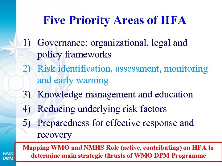 Five Priority Areas of HFA 1) Governance: organizational, legal and policy frameworks 2) Risk