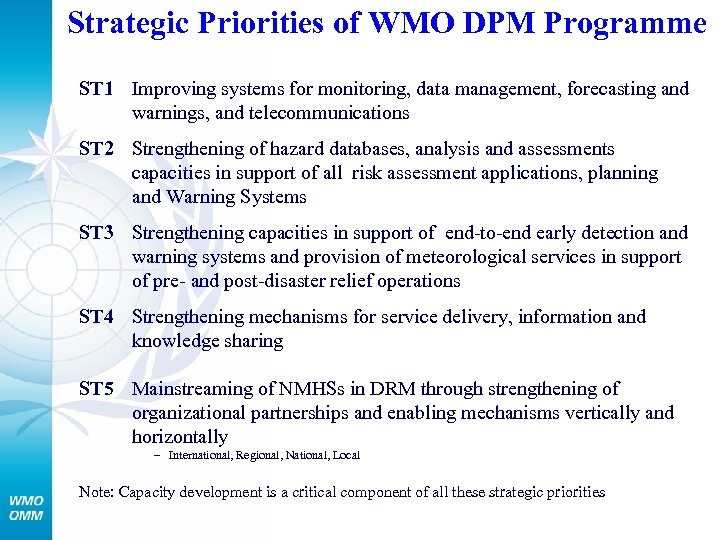 Strategic Priorities of WMO DPM Programme ST 1 Improving systems for monitoring, data management,