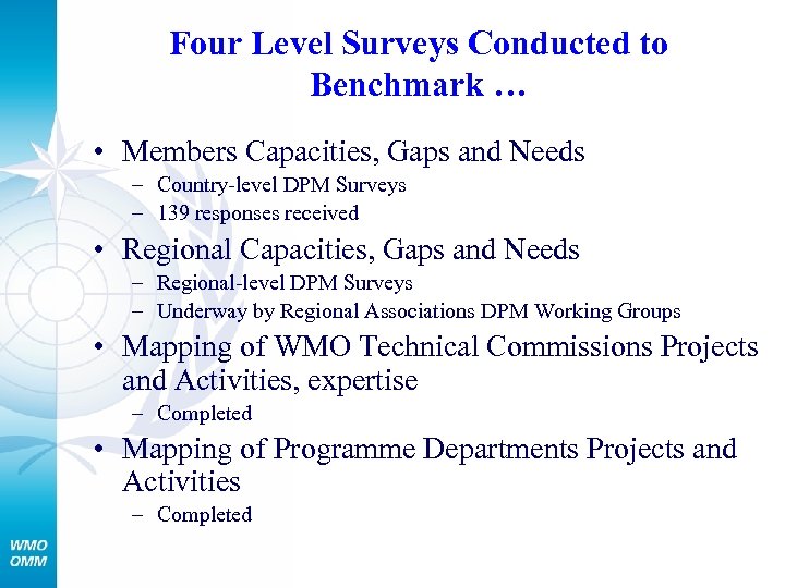 Four Level Surveys Conducted to Benchmark … • Members Capacities, Gaps and Needs –