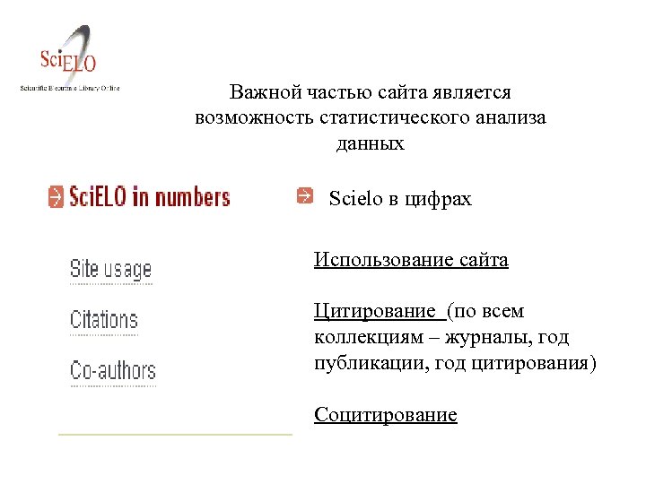 Важной частью сайта является возможность статистического анализа данных Scielo в цифрах Использование сайта Цитирование