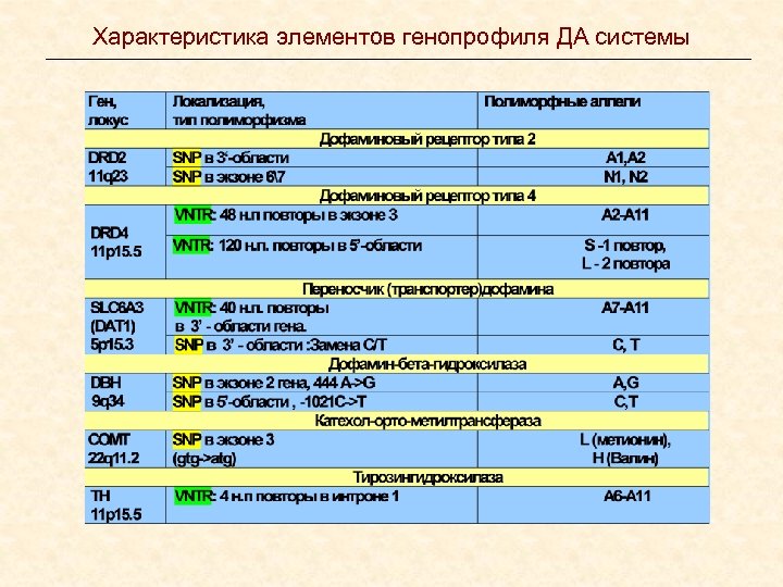 Характеристика элементов генопрофиля ДА системы 