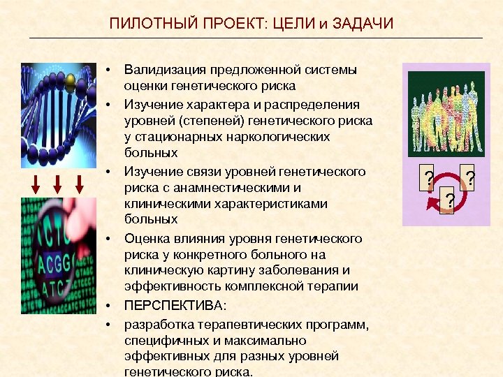 ПИЛОТНЫЙ ПРОЕКТ: ЦЕЛИ и ЗАДАЧИ • • • Валидизация предложенной системы оценки генетического риска