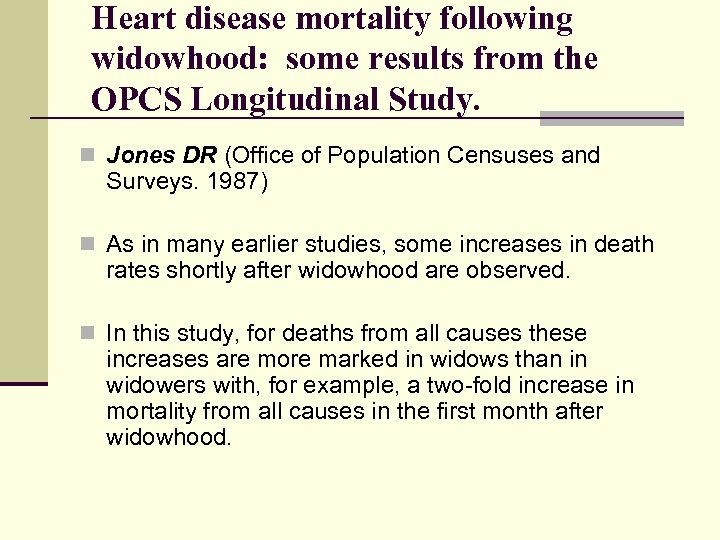 Heart disease mortality following widowhood: some results from the OPCS Longitudinal Study. n Jones